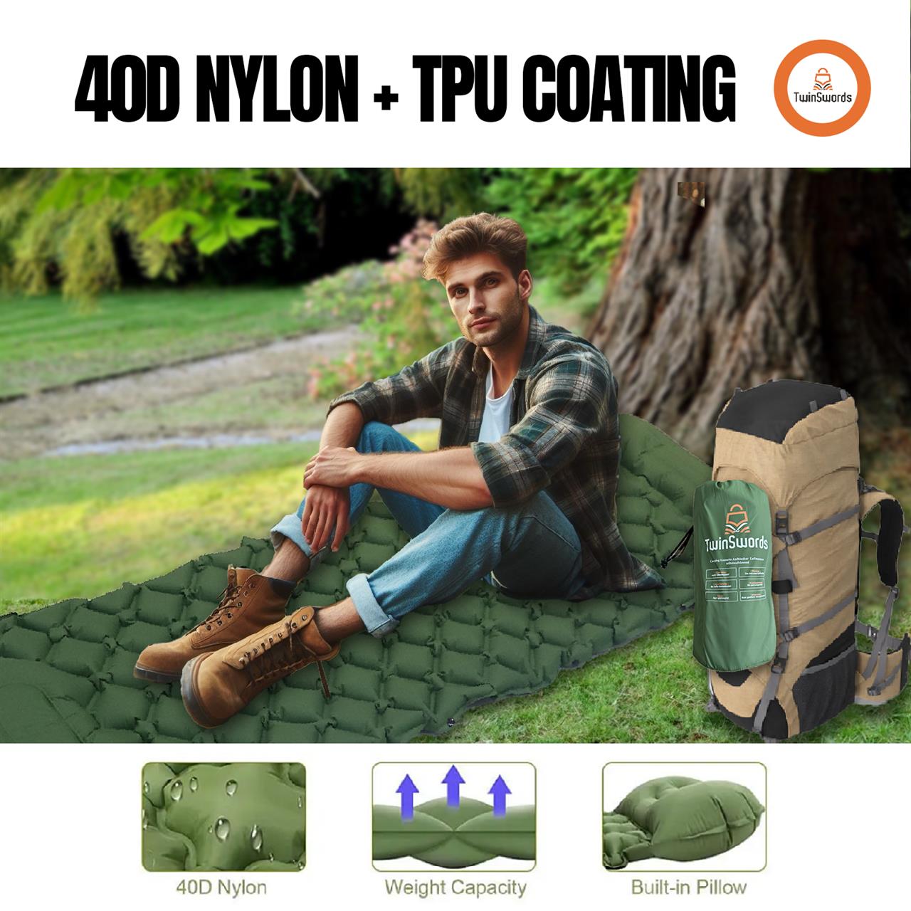 TwinSwords camping sleeping pad inflatable air mattress with integrated foot pump