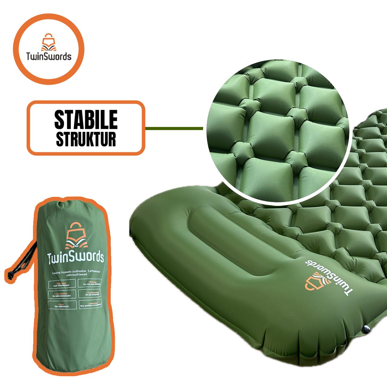 TwinSwords camping sleeping pad inflatable air mattress with integrated foot pump