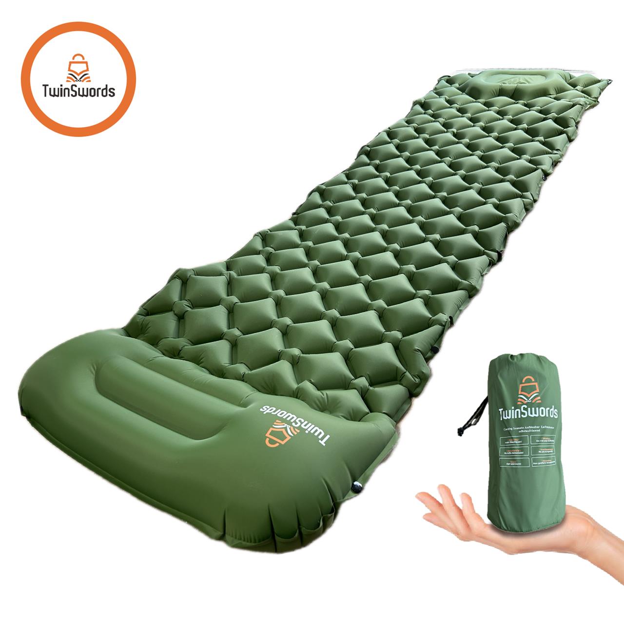 TwinSwords camping sleeping pad inflatable air mattress with integrated foot pump