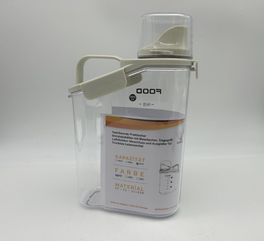 TwinSwords Practical storage container with measuring cup, carrying handle, airtight seal and pouring spout for dry foods