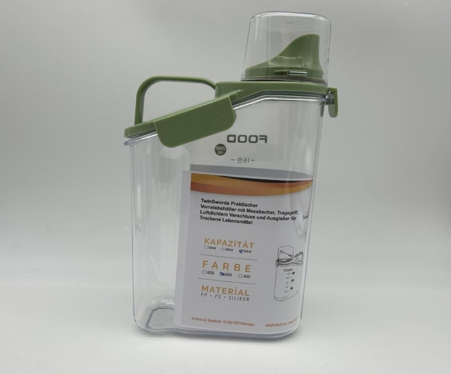 TwinSwords Practical storage container with measuring cup, carrying handle, airtight seal and pouring spout for dry foods