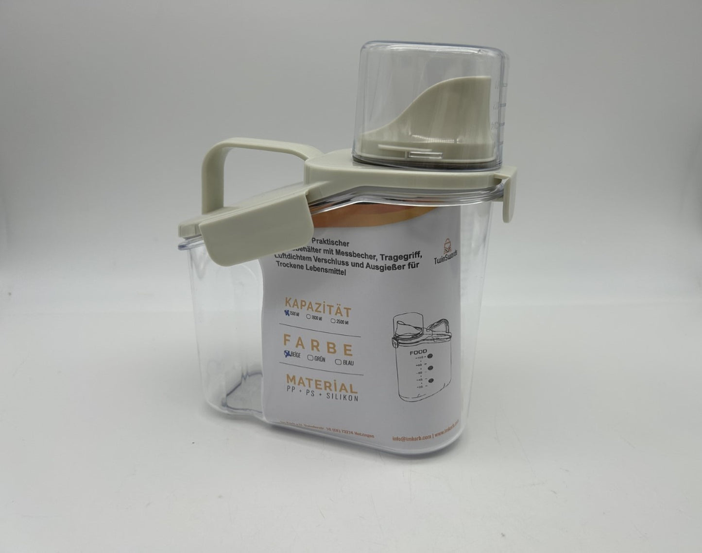 TwinSwords Practical storage container with measuring cup, carrying handle, airtight seal and pouring spout for dry foods