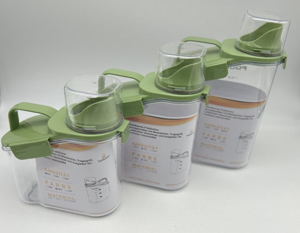 TwinSwords Practical storage container with measuring cup, carrying handle, airtight seal and pouring spout for dry foods