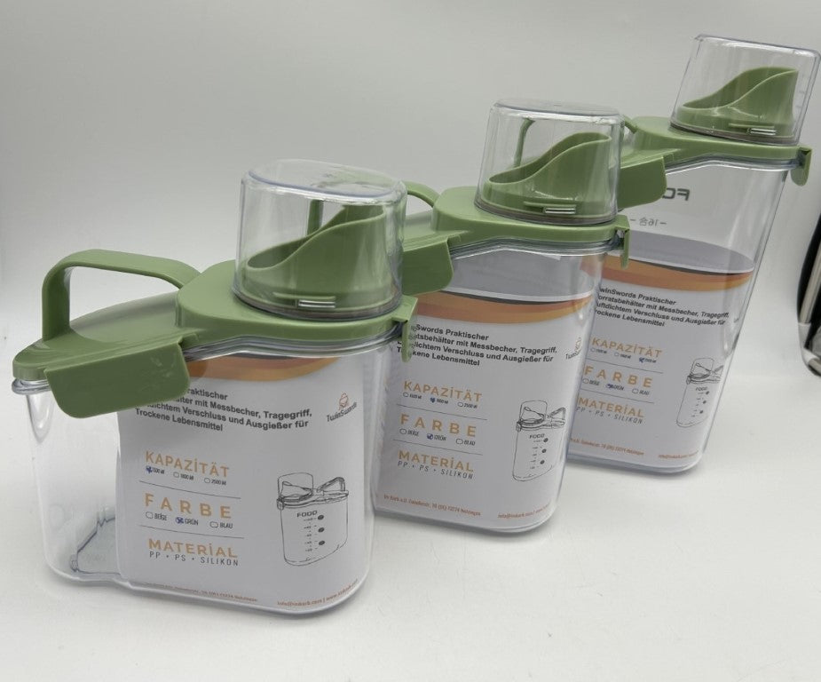 TwinSwords Practical storage container with measuring cup, carrying handle, airtight seal and pouring spout for dry foods