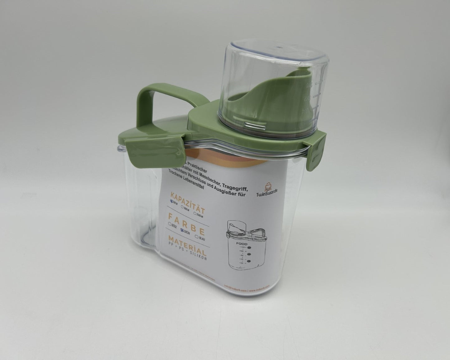 TwinSwords Practical storage container with measuring cup, carrying handle, airtight seal and pouring spout for dry foods