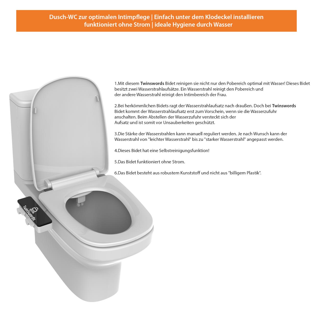 TwinSwords Ultra Slim Bidet | Dusch-WC zur optimalen Intimpflege | Einfach unter dem Klodeckel installieren | Taharet | funktioniert ohne Strom | ideale Hygiene durch Wasser