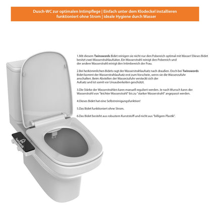 TwinSwords Ultra Slim Bidet | Dusch-WC zur optimalen Intimpflege | Einfach unter dem Klodeckel installieren | Taharet | funktioniert ohne Strom | ideale Hygiene durch Wasser