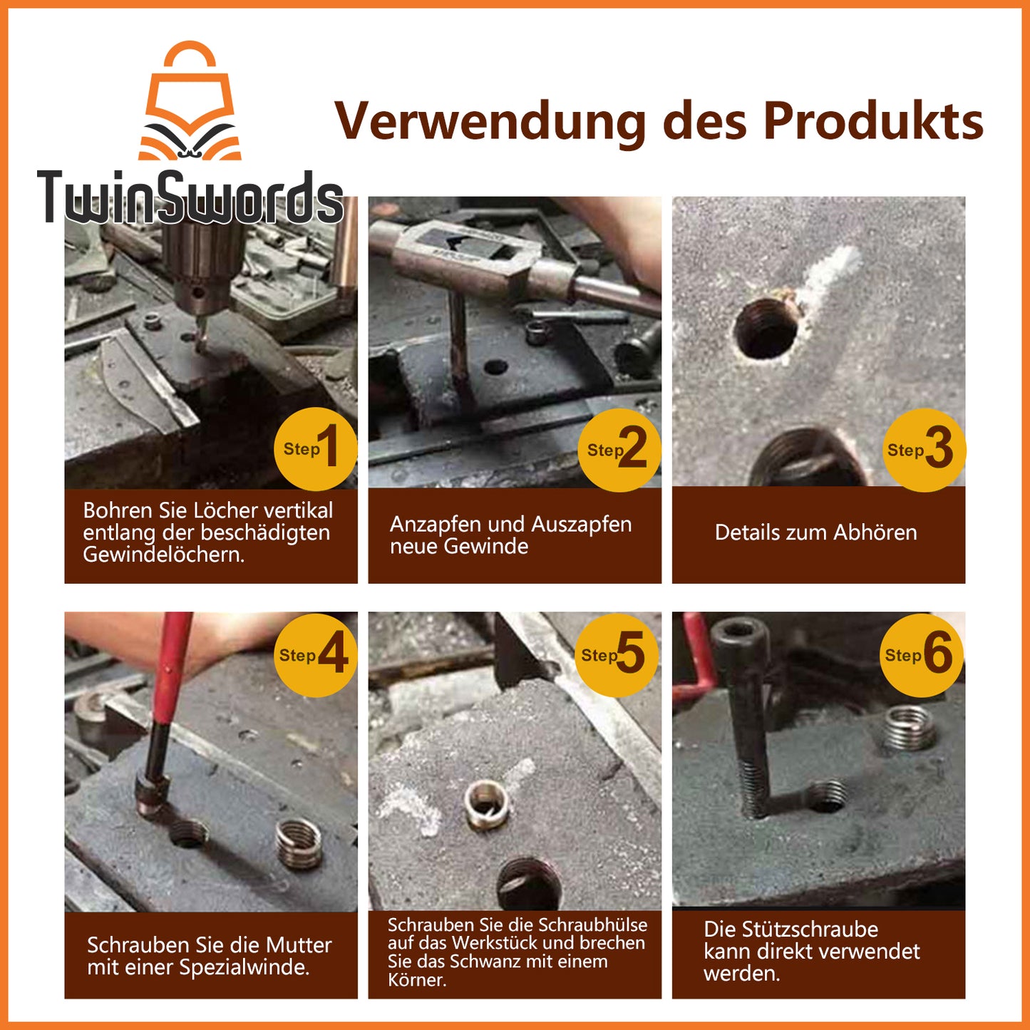 TwinSwords Gewinde Reparatur Set | Gewindereparatur Satz | Bohrer mit M5 M6 M8 M10 M12 | Einsätze Hülsen 131-teiliges 1 Set