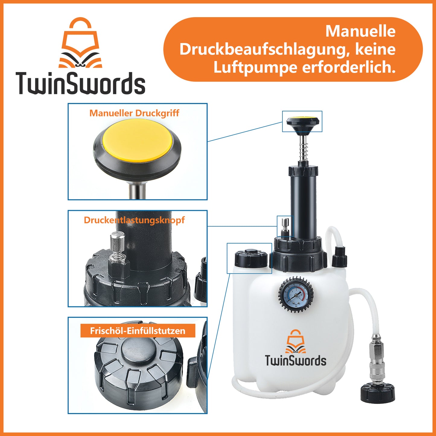 TwinSwords Bremsenentlüftungsgerät 3 LT | Bremsenentlüfter Bremsflüssigkeit wechseln | Bremsflüssigkeitswechselgerät mit 1L Absaugbehälter für E20 (ø45mm) 1 Set