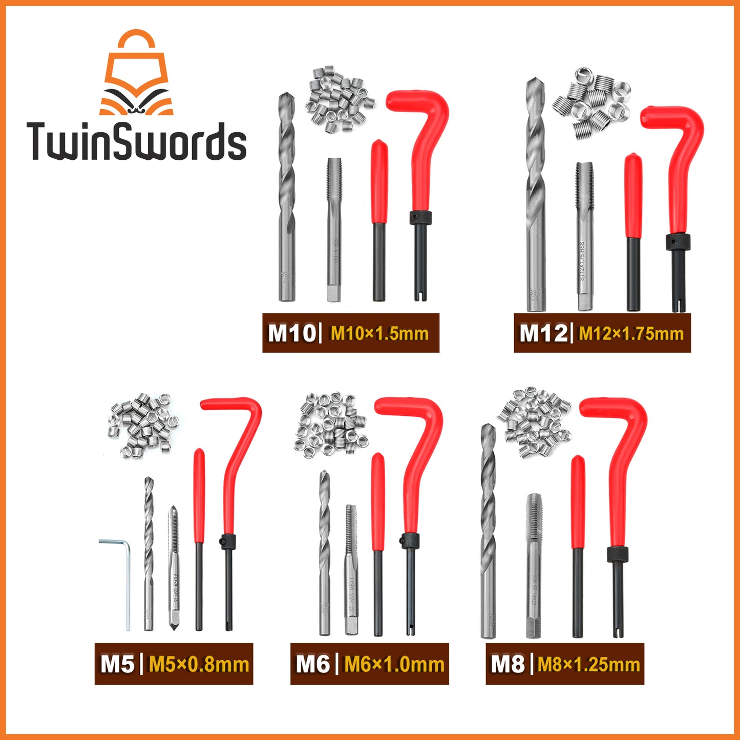 TwinSwords Gewinde Reparatur Set | Gewindereparatur Satz | Bohrer mit M5 M6 M8 M10 M12 | Einsätze Hülsen 131-teiliges 1 Set
