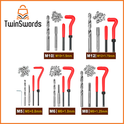 TwinSwords Gewinde Reparatur Set | Gewindereparatur Satz | Bohrer mit M5 M6 M8 M10 M12 | Einsätze Hülsen 131-teiliges 1 Set