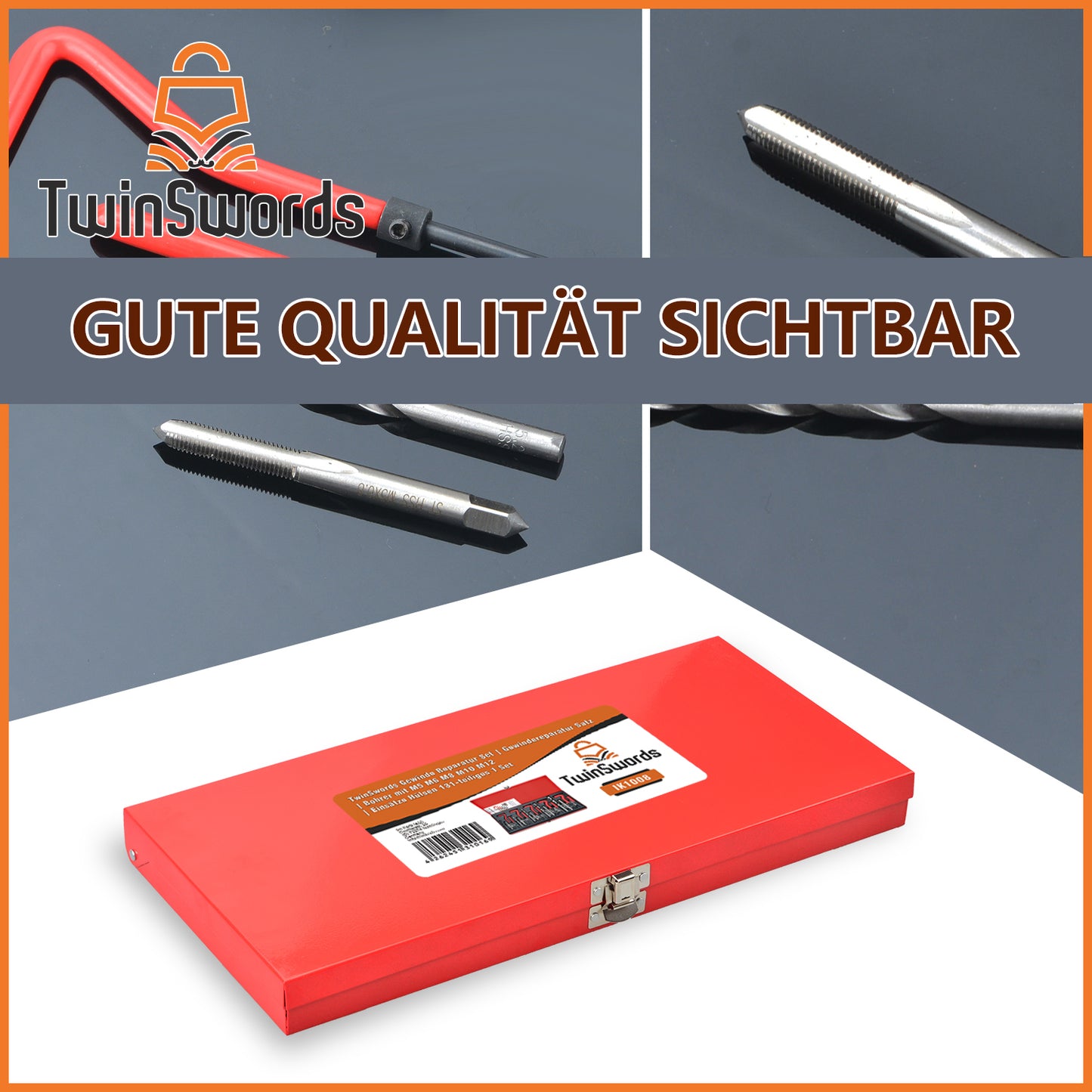 TwinSwords Gewinde Reparatur Set | Gewindereparatur Satz | Bohrer mit M5 M6 M8 M10 M12 | Einsätze Hülsen 131-teiliges 1 Set