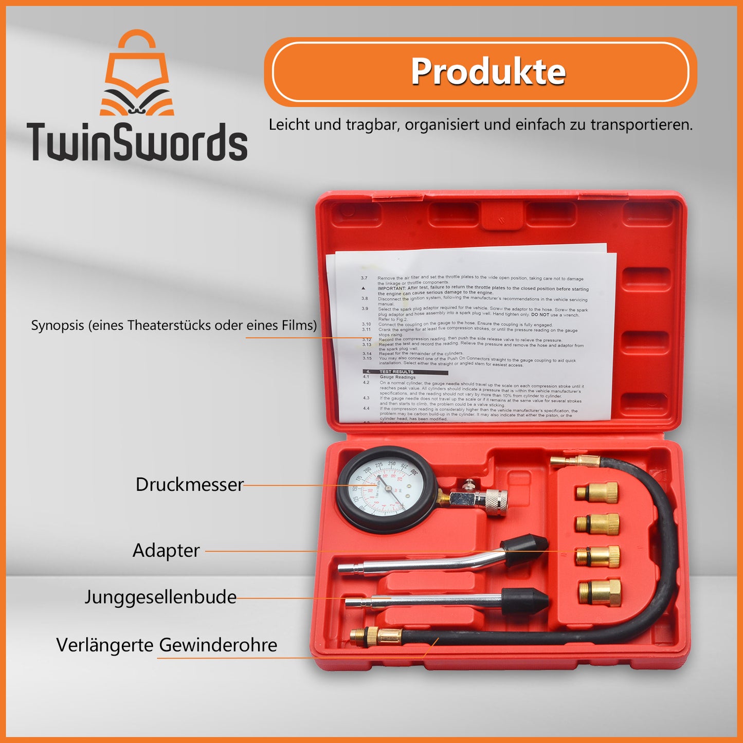 TwinSwords Kompressionsprüfgerät | Kompressionsprüfer Set | Kompressionstester Motor M10 M12 M14 M18 Kompression prüfen meßen Kfz 0 - 20 bar & 0 - 300 Psi 1 Set
