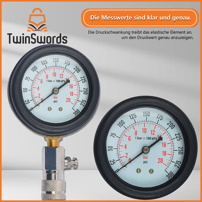 TwinSwords Kompressionsprüfgerät | Kompressionsprüfer Set | Kompressionstester Motor M10 M12 M14 M18 Kompression prüfen meßen Kfz 0 - 20 bar & 0 - 300 Psi 1 Set