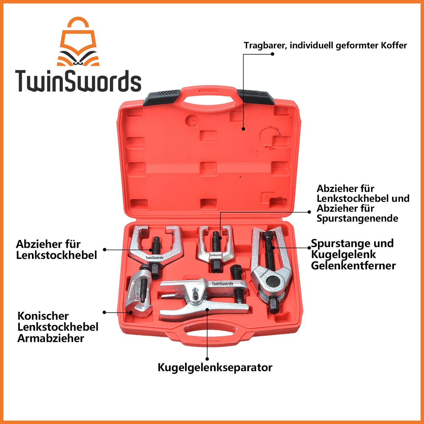 TwinSwords Kugelgelenk Abzieher Set | Spurstangenkopf Ausdrücker | Traggelenk Werkzeug 5 Tlg. 1 Set