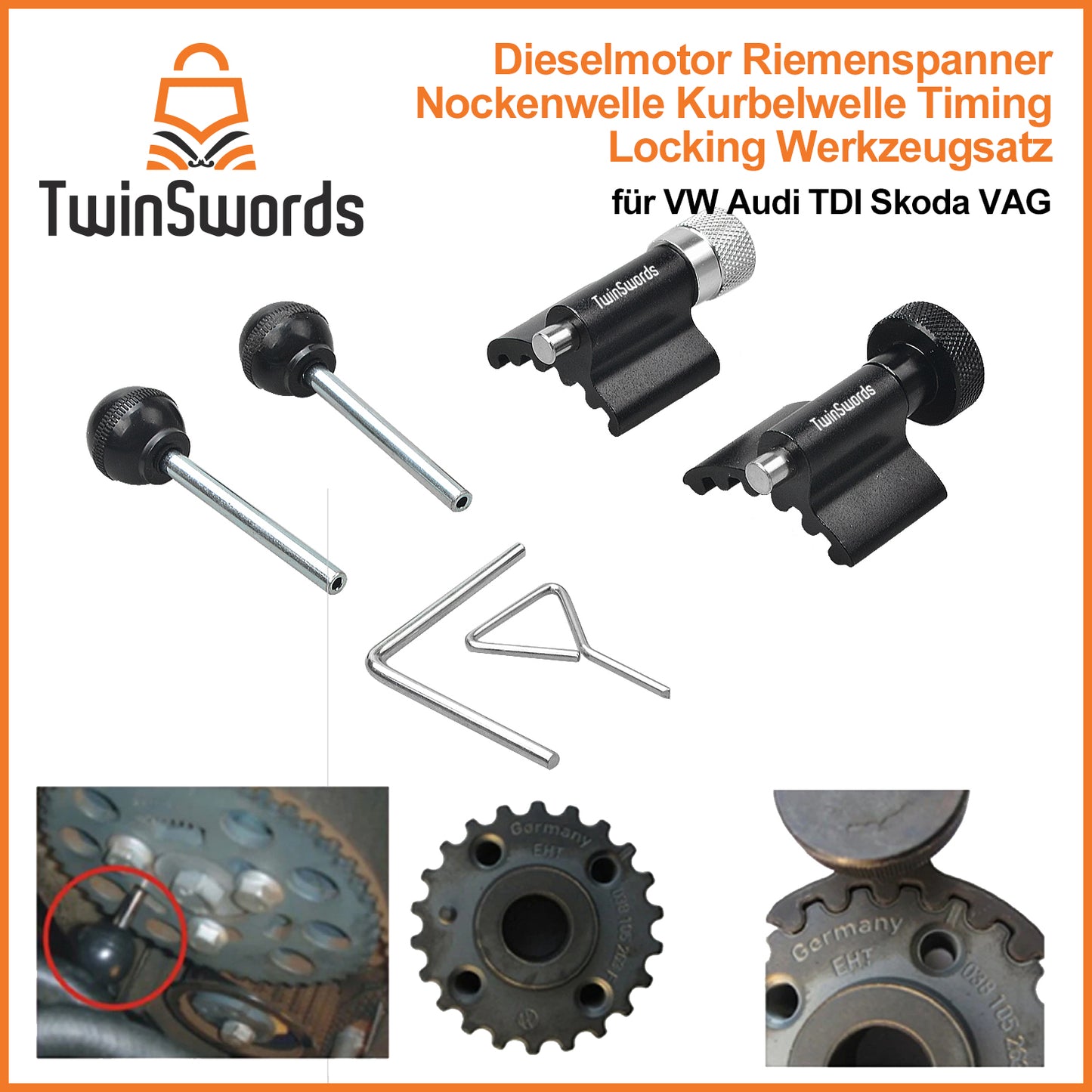 TwinSwords Steuerzeiten Einstellwerkzeug | Zahnriemen Wechsel Werkzeug Set | Nockwellen Arretierwerkzeug für VW Audi Skoda 1.2, 1.4, 1.6, 1.9, 2.0 SDI/TDI - 6-teilig IK1134