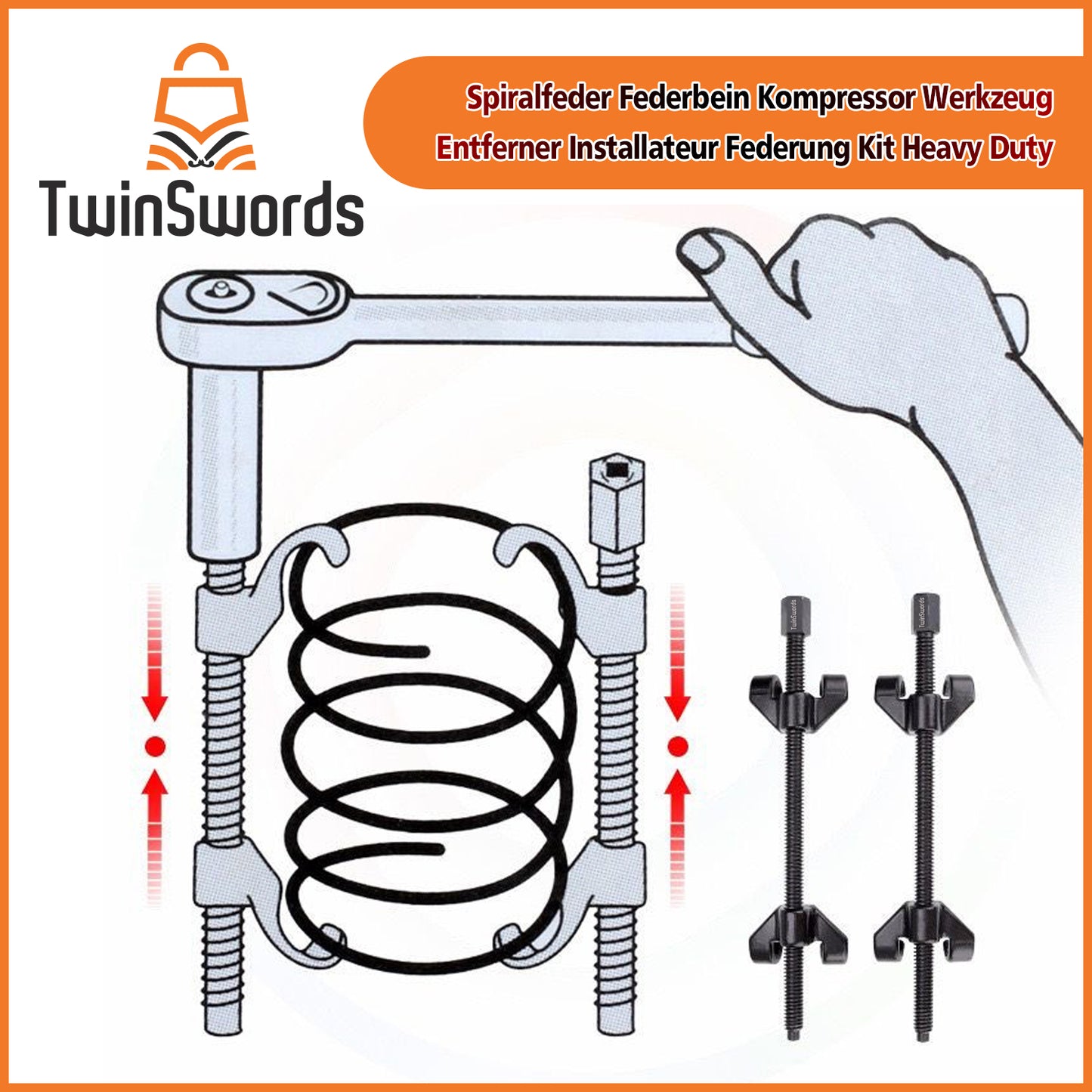 TwinSwords spring compressor set tool | Lowering tuning universal spring strut tension, up to 370mm. 2 pcs. 1 set