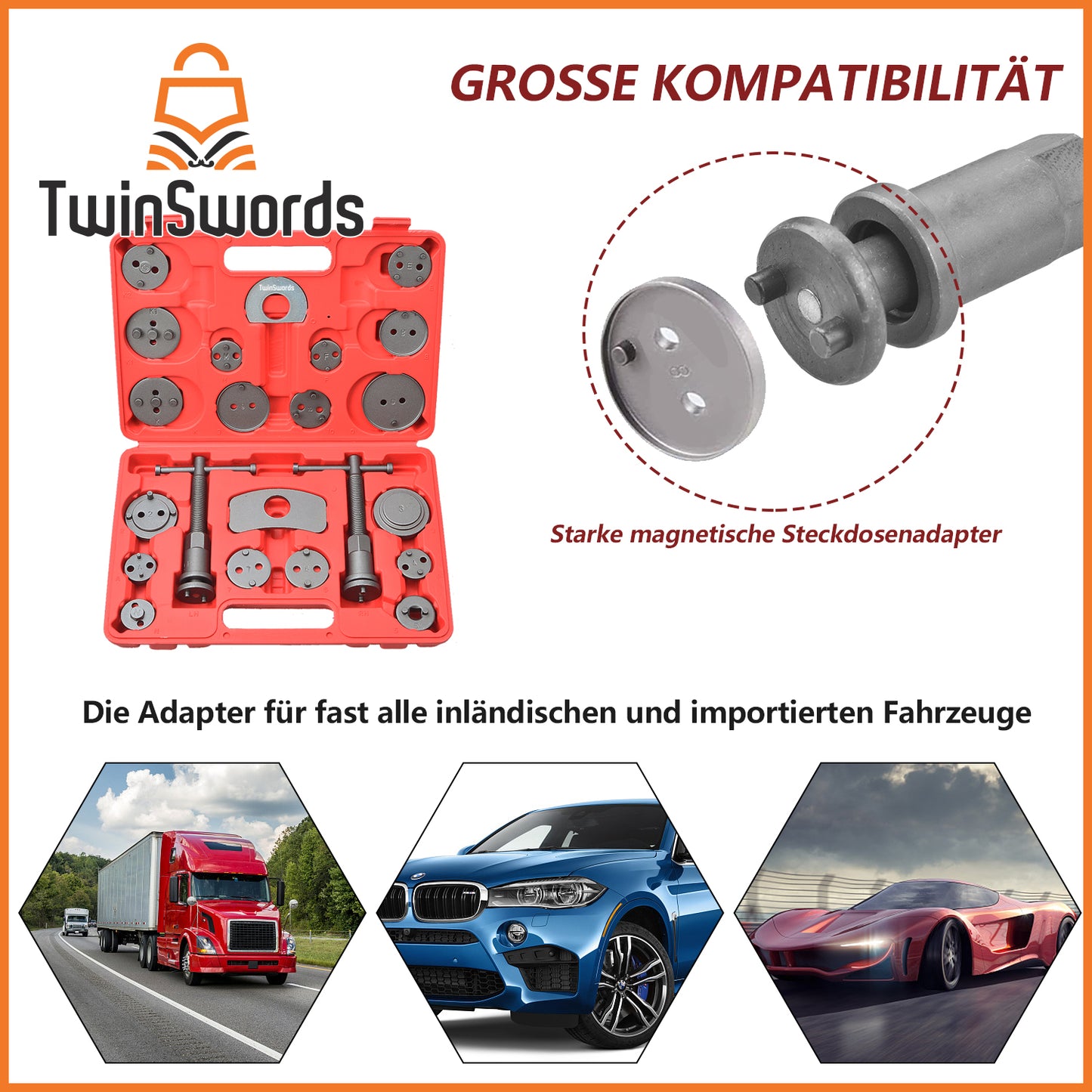 TwinSwords Bremskolbenrücksteller | Universal Bremskolben Rücksteller | Rückstellwerkzeug Set KFZ Werkzeug 22-teiliges 1 Set