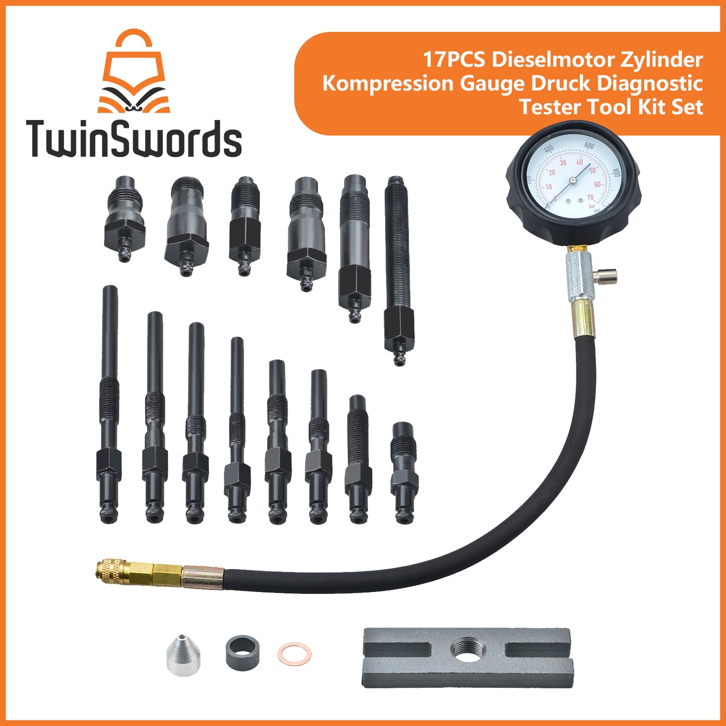 Compression tester set | Diesel Engine Cylinder Compression Gauge Pressure Diagnostic Tester Tool Kit Set 17pcs 1 Set by TwinSwords
