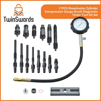 Compression tester set | Diesel Engine Cylinder Compression Gauge Pressure Diagnostic Tester Tool Kit Set 17pcs 1 Set by TwinSwords